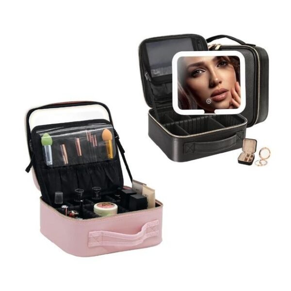 Caja cosmética con luz LED (negro y rosa)