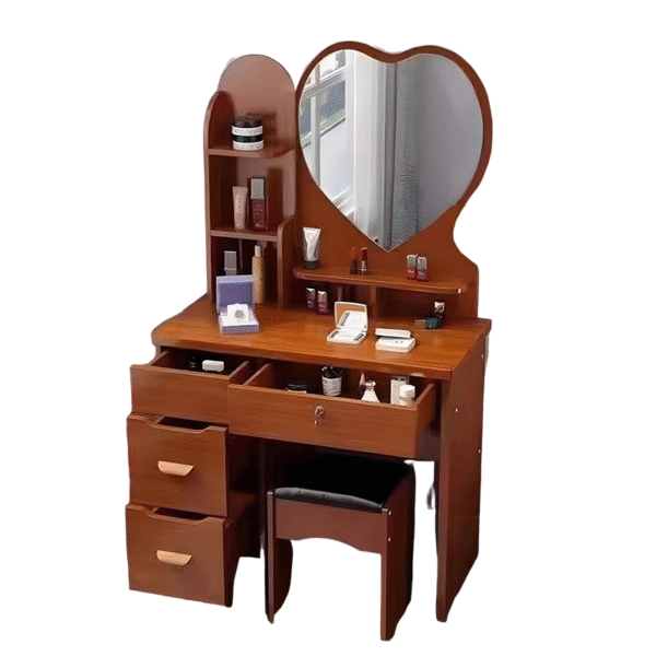 Mesa de maquillaje con espejo y taburetes, 80 * 35 * 120cm, tablero MDF, embalaje de cartón, color de madera/rosa/blanco cálido