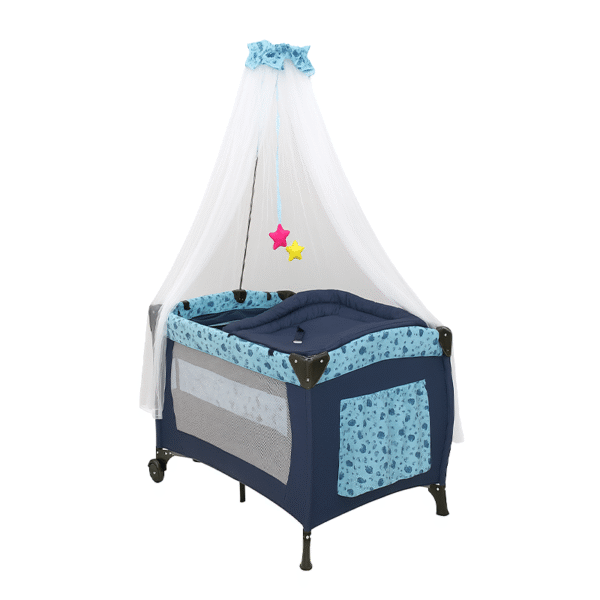 Corral Cuna de Bebé con Mosquitero Plegable y Cambiador Azul