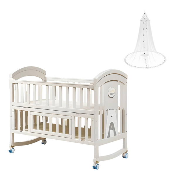 Cuna de Madera Plegable con Ruedas y Mosquitero Blanco