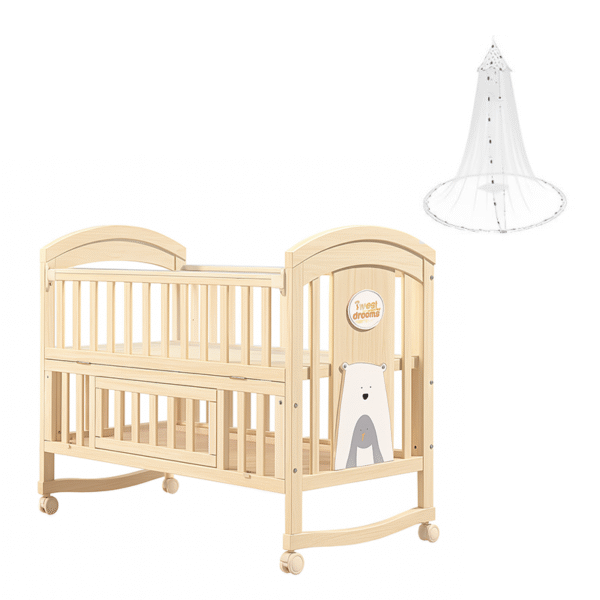 Cuna de Madera Plegable con Ruedas y Mosquitero de Pino